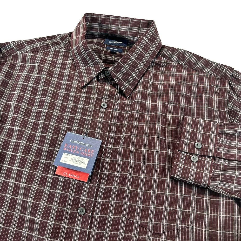 Croft & Barrow Woven Shirt Mens L Wine Plaid Easy-Care Long Sleeve Button Down